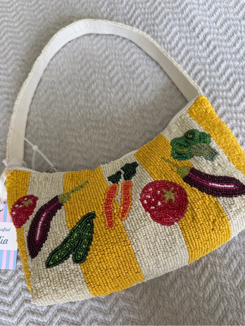 NWT TJ Maxx Handmade Beaded Vegetable Shoulder Bag Yellow Stripe India Purse